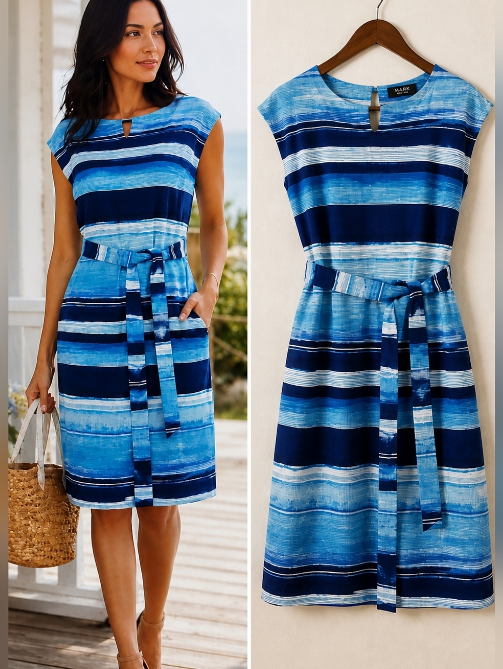 Mark New York Blue Stripe Belted Midi Dress Effortless Summer Coastal Chic